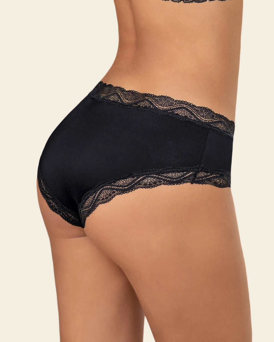 Panty hípster tiro medio en tela lisa y encaje
