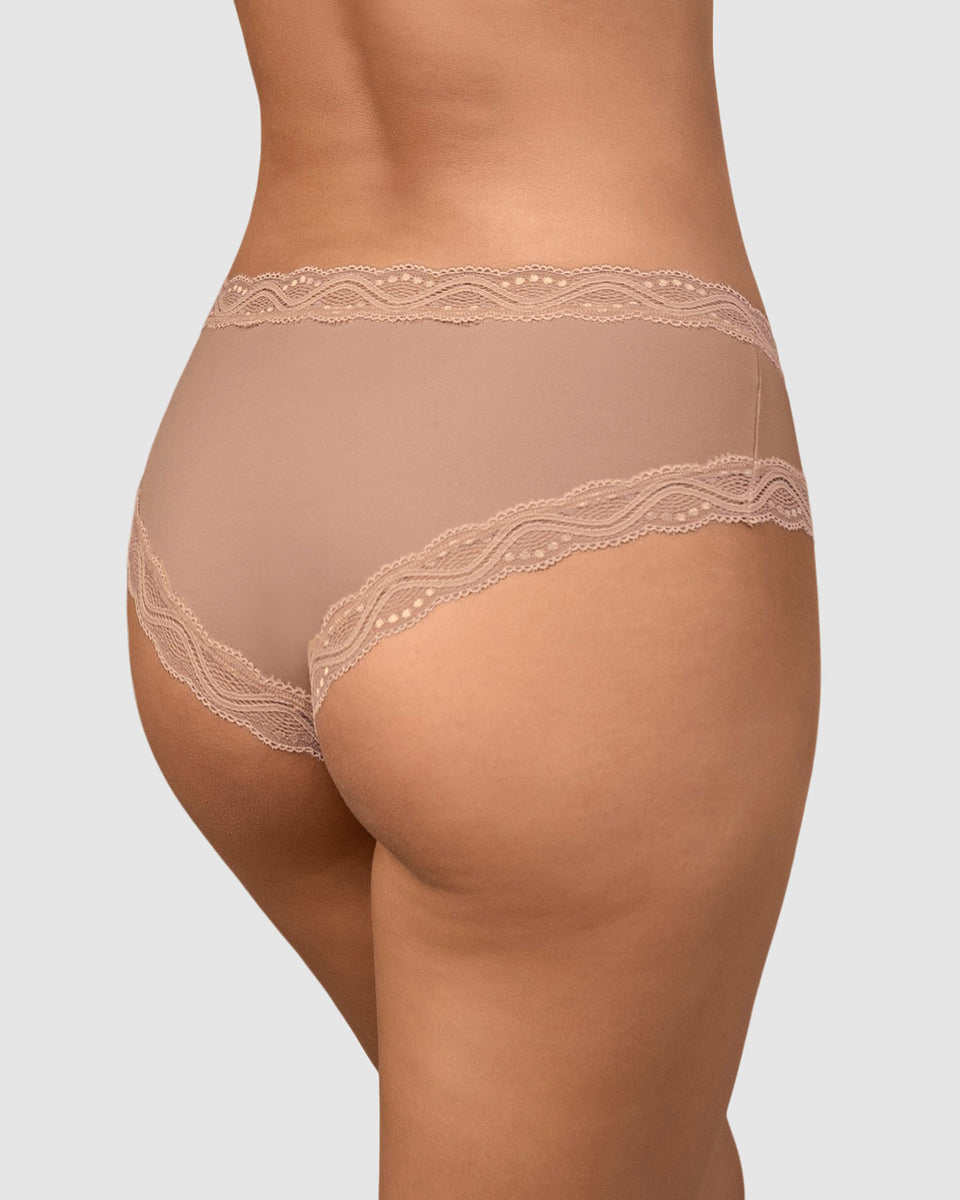 Panty hípster tiro medio en tela lisa y encaje