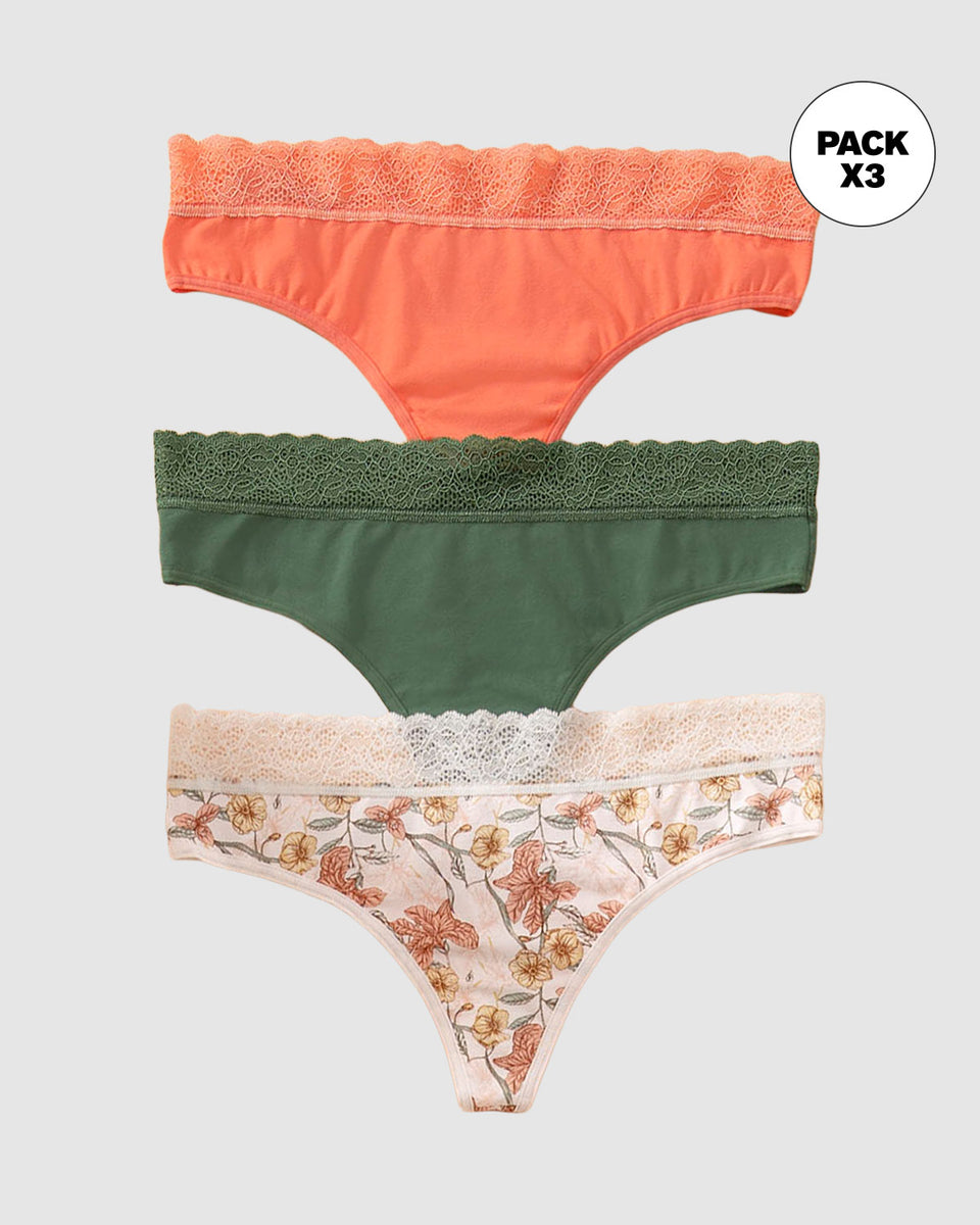 Paquete x3 brasilera en algodón elástico con detalle en encaje