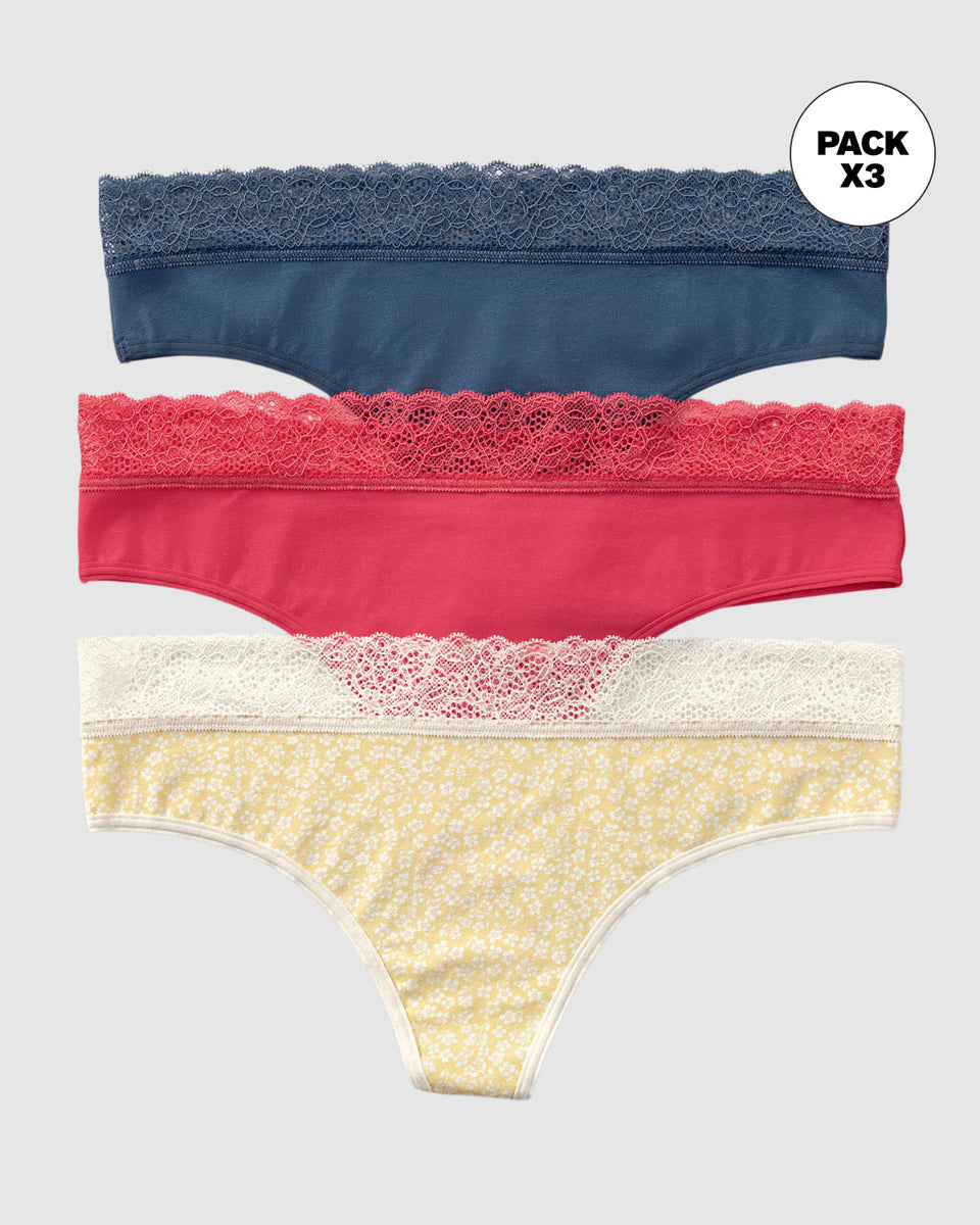 Paquete x3 brasilera en algodón elástico con detalle en encaje