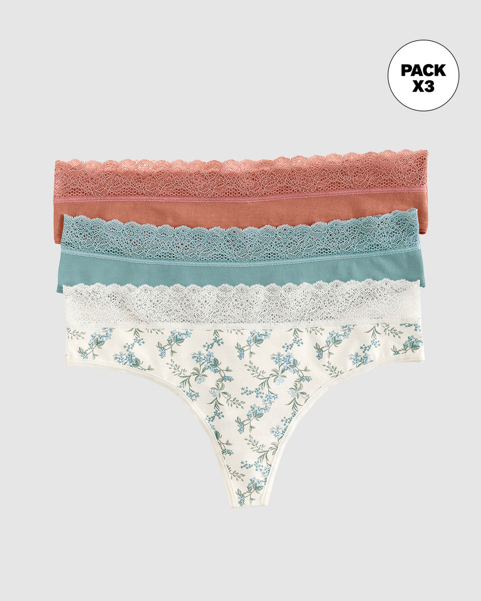 Paquete x3 brasilera en algodón elástico con detalle en encaje