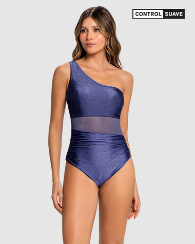 Traje de baño entero de un solo hombro con control suave de abdomen bajo#color_408-azul