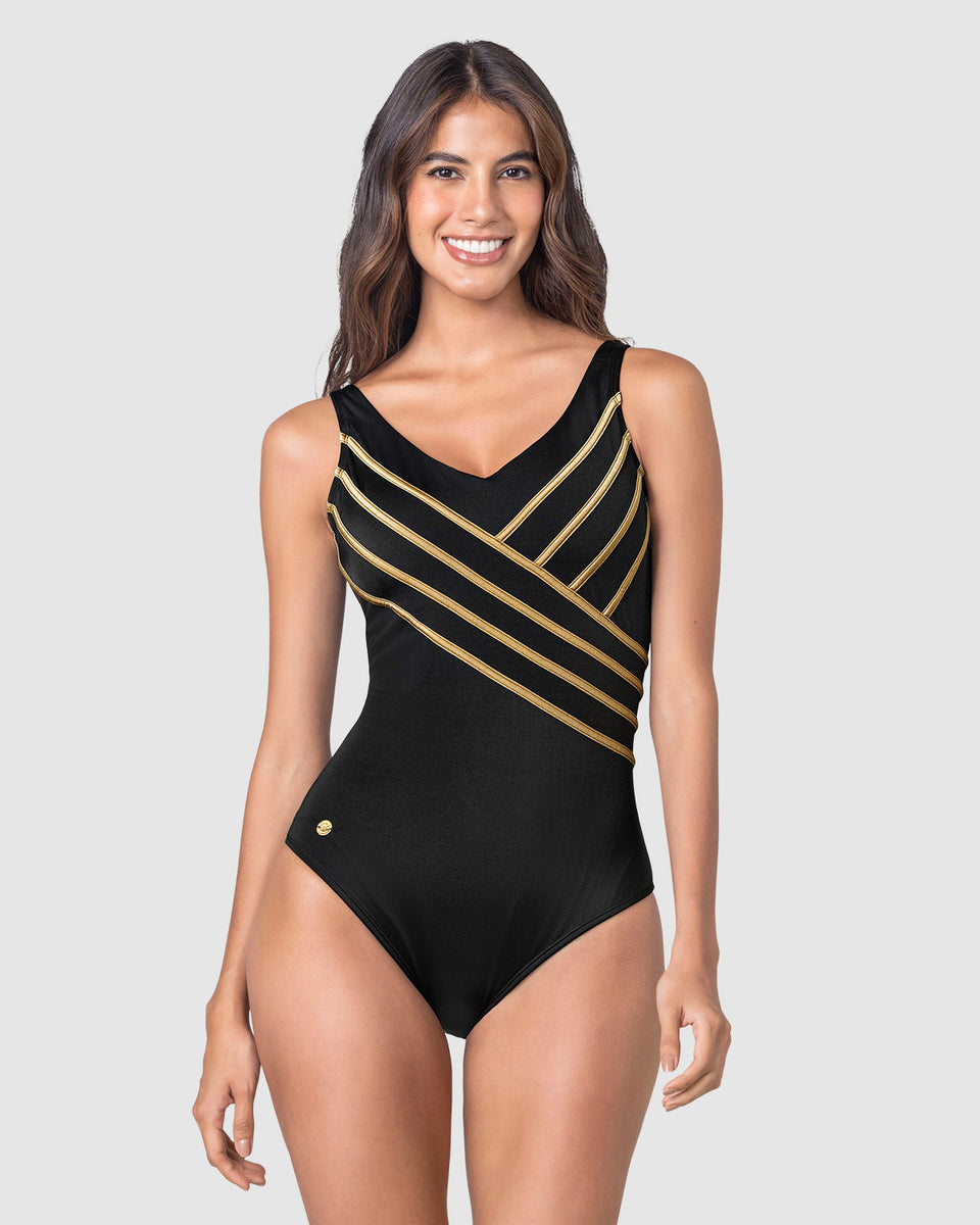 Traje de baño entero con costuras en contraste