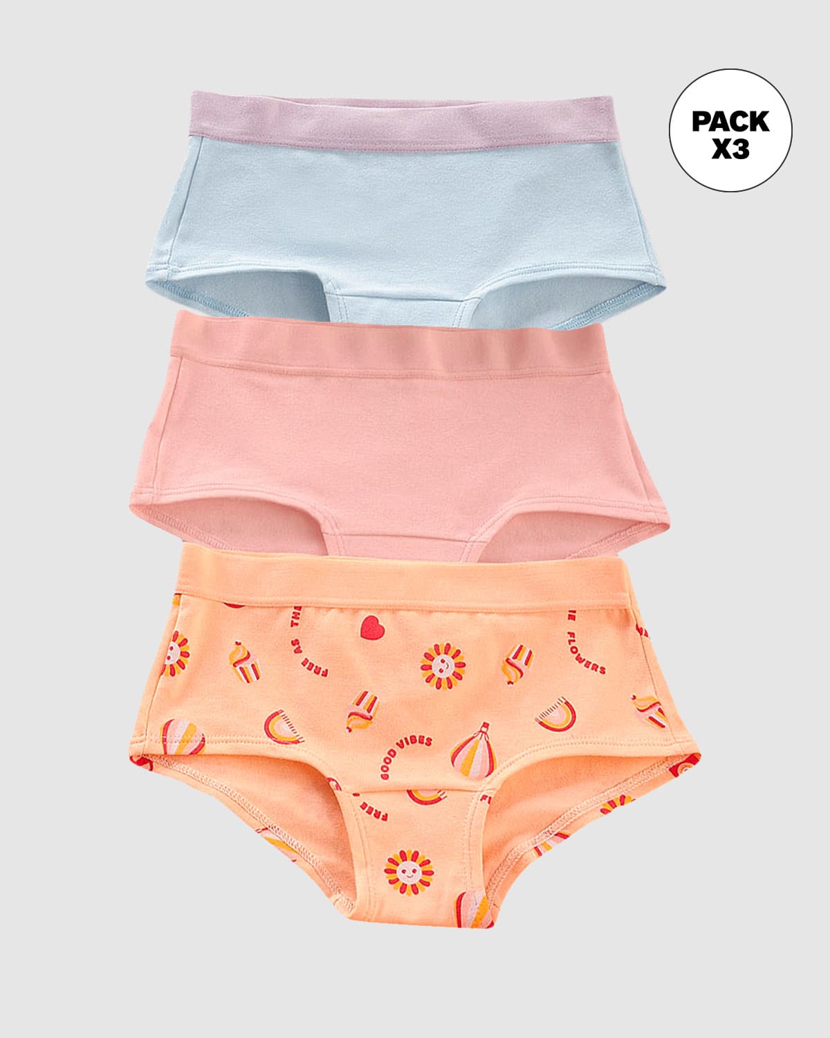 Paquete x 3 panties tipo hipster en algodón suave para niña