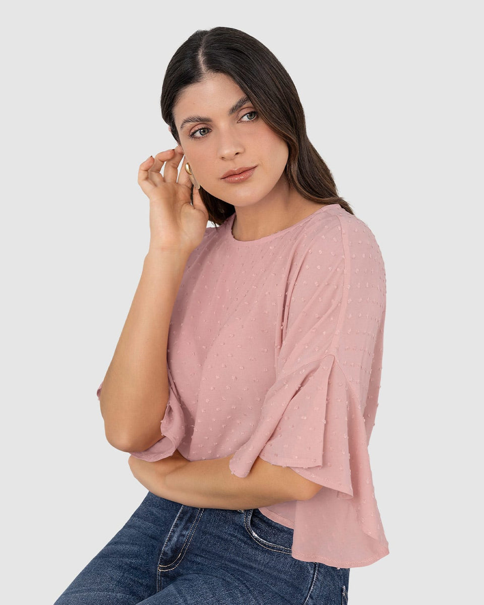 Blusa manga corta con boleros y cuello alto