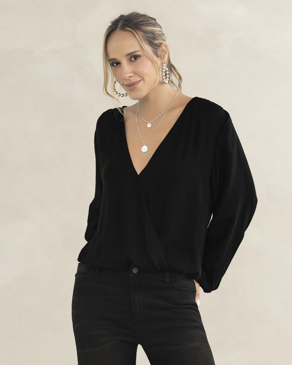 Blusa manga larga escote en V cruzado