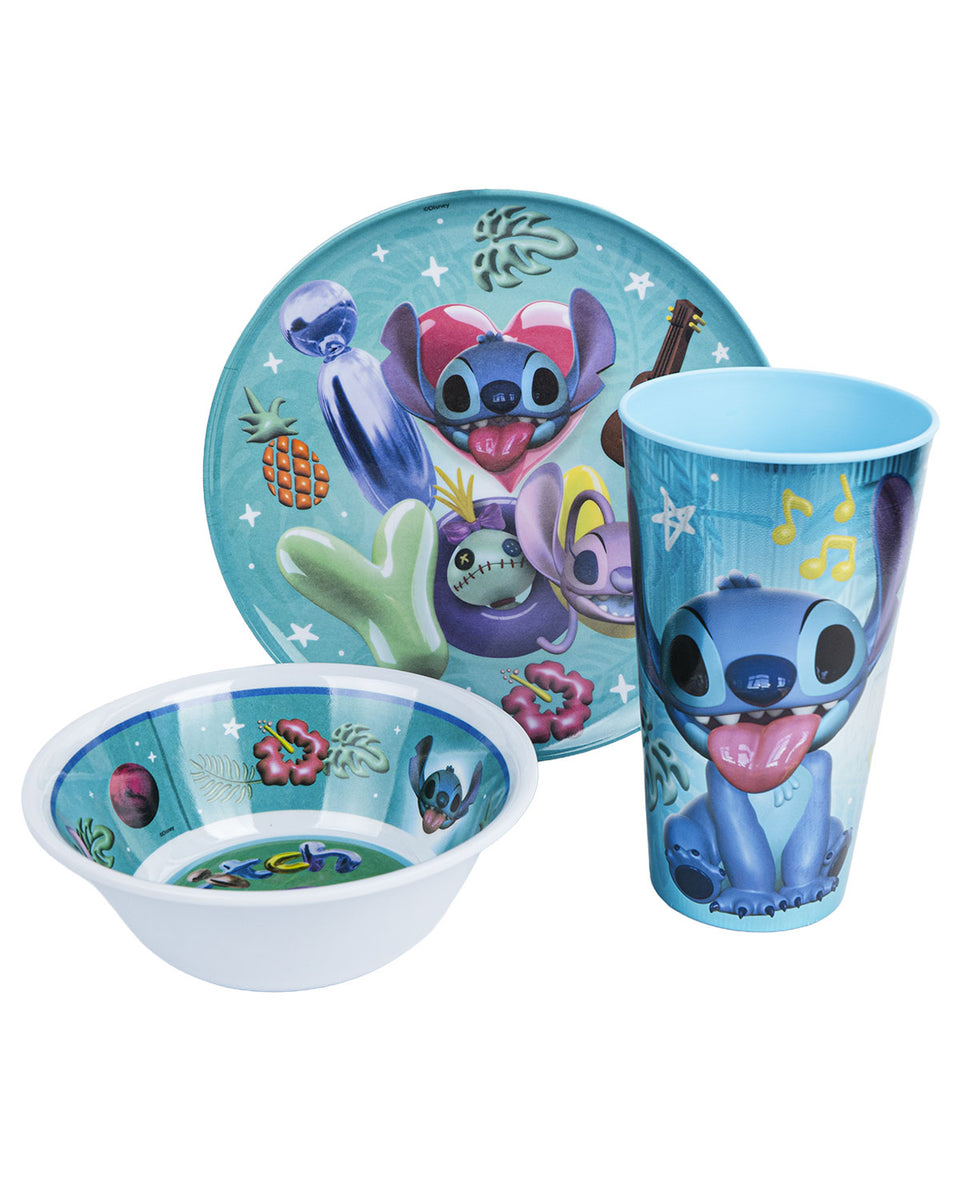 Kit Plato Hondo Plato Tendido Melamina Y Vaso Metalizado Stitch