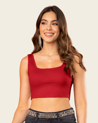 Camiseta manga sisa crop top en tejido acanalado#color_c35-rojo-oscuro