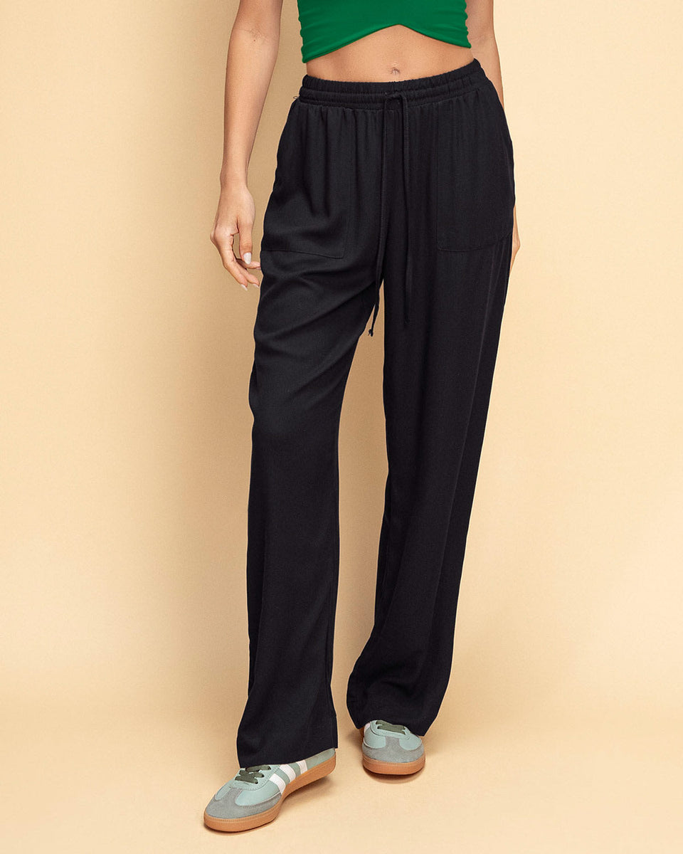 Pantalón exterior bota recta con elástico y tira anudable en cintura