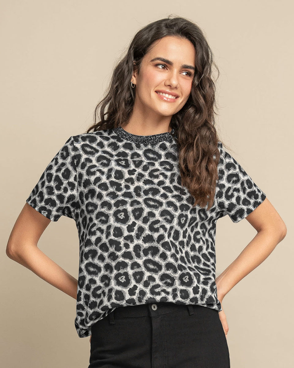 Camiseta manga corta con cuello en lurex brillante