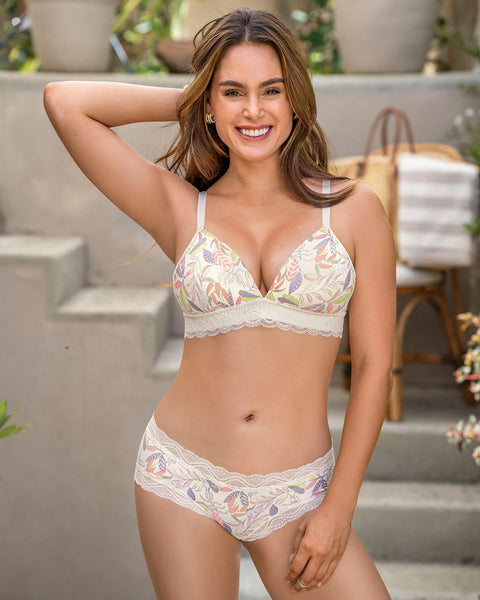 Brasier ultracómodo con encaje en la base y espalda Comfy Bra#color_a52-marfil-estampado-hojas-rosas