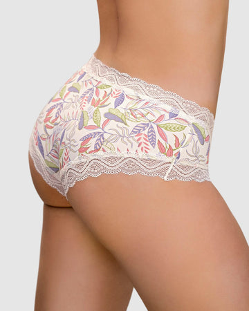 Panty hípster tiro medio en tela lisa y encaje#color_a52-marfil-estampado-hojas-rosas