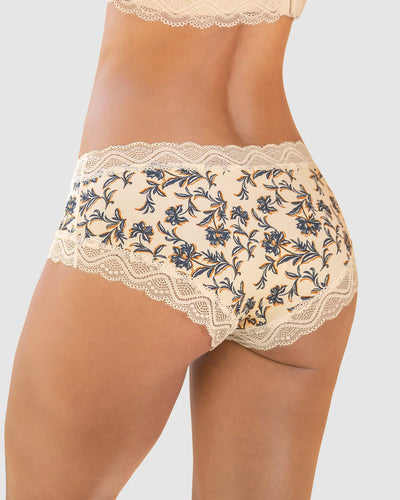 Panty hípster tiro medio en tela lisa y encaje#color_b96-fondo-marfil-estampado-azul-y-mostaza