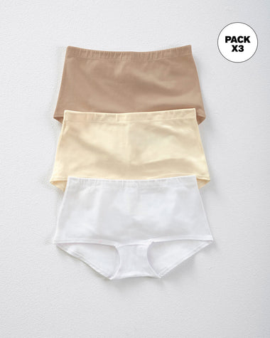 Paquete x 3 cómodos panties estilo bóxers en algodón elástico#color_984-blanco-cafe-claro-marfil