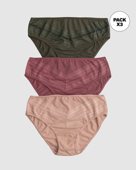 Paquete x 3 Panties tipo Bikini Clásicos y Confortables#color_s28-verde-vino-rosa