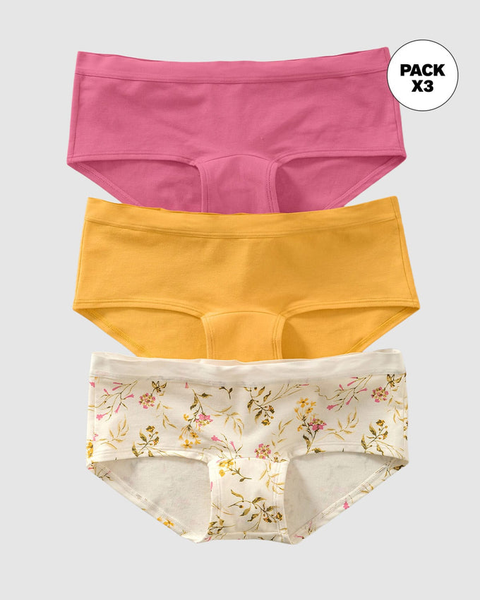 Paquete x 3 bóxers para mujer semidescaderados en algodón#color_s34-estampado-botanico-rosado-amarillo