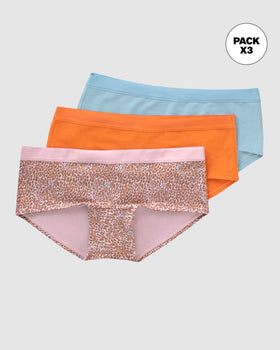 Paquete x 3 hipsters para mujer semidescaderados en algodón#color_s35-animal-print-azul-naranja