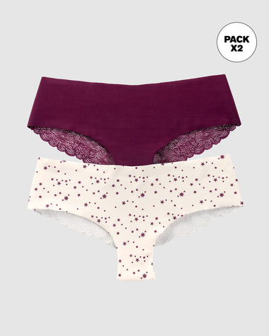 Paquete x 2 panties cacheteros descaderados con encaje#color_s49-marfil-estampado-vino