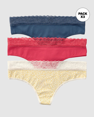 Paquete x3 brasilera en algodón elástico con detalle en encaje#color_s16-fondo-amarillo-estampado-coral-azul