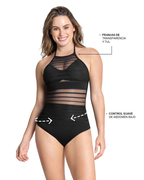 Traje de baño entero con control suave y transparencias en escote y abdomen#color_700-negro