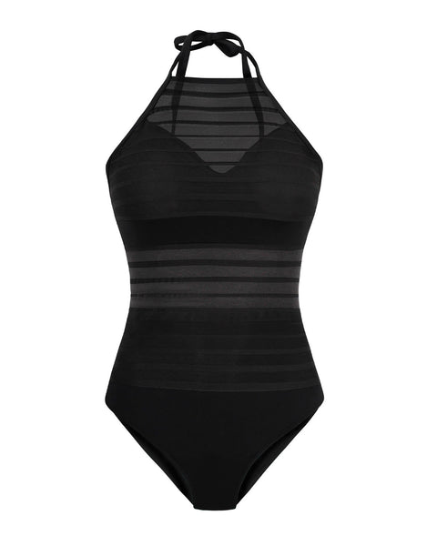 Traje de baño entero con control suave y transparencias en escote y abdomen#color_700-negro