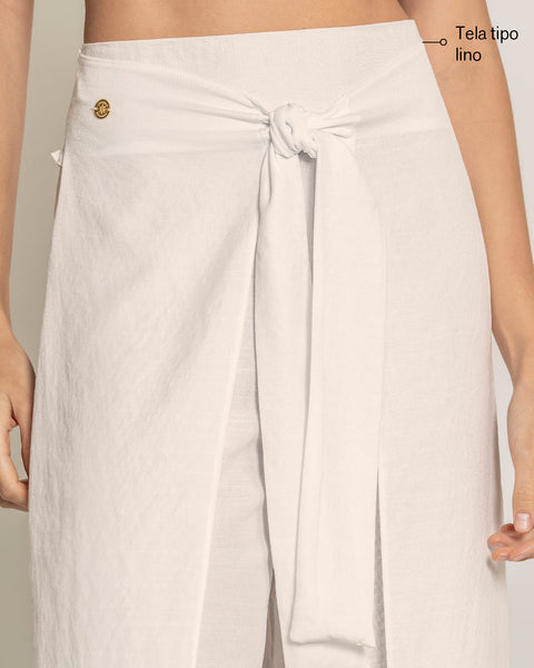 Pantalón playero tipo lino anudable en el frente#color_000-blanco
