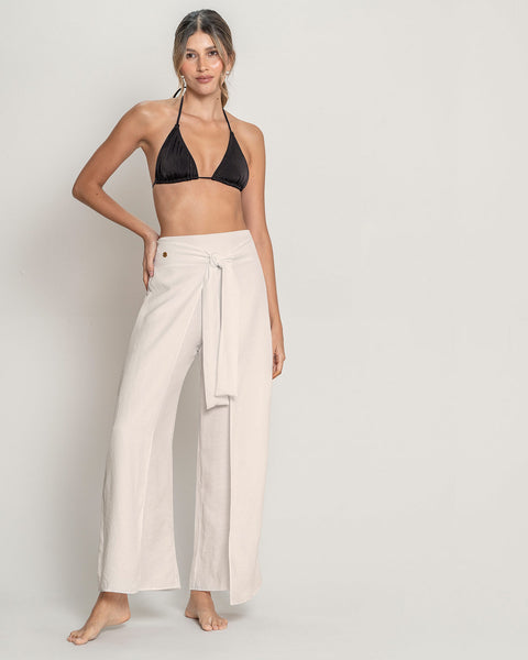 Pantalón playero tipo lino anudable en el frente#color_000-blanco