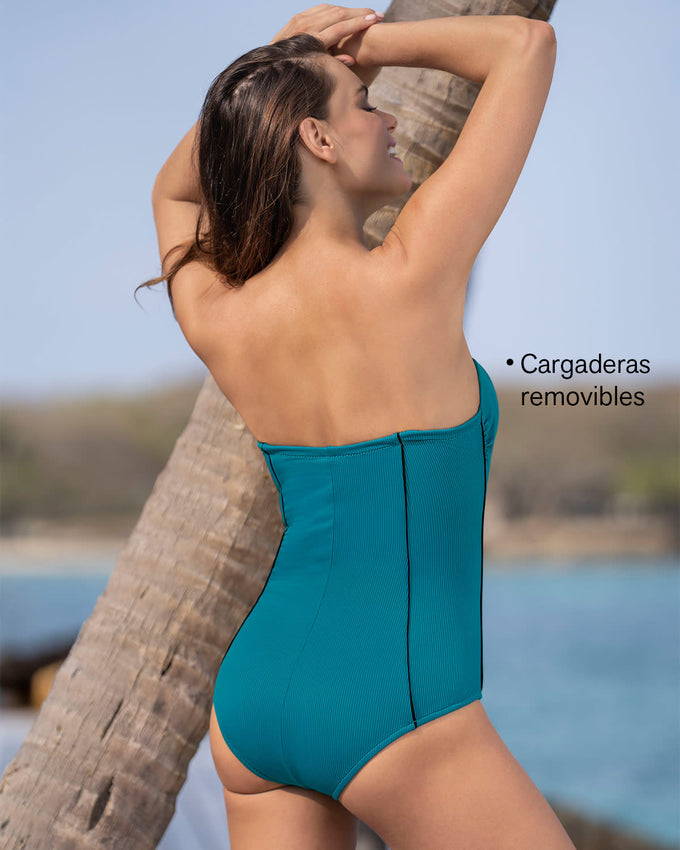Traje de baño de control suave en abdomen uso strapless o convencional#color_728-verde
