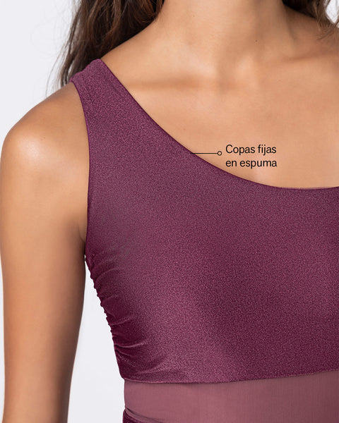 Traje de baño entero de un solo hombro con control suave de abdomen bajo#color_466-vinitinto