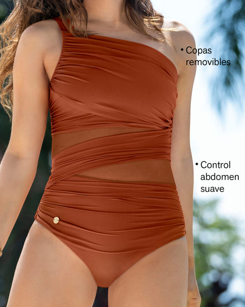 Traje de baño entero de control de abdomen y hombro asimétrico#color_239-terracota