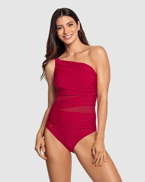 Traje de baño entero de control de abdomen y hombro asimétrico#color_323-rojo