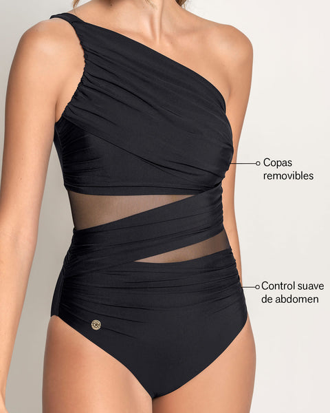 Traje de baño entero de control suave de abdomen#color_700-negro