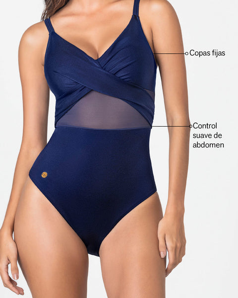 Traje de baño entero con escote cruzado y tela con brillo#color_509-azul-oscuro
