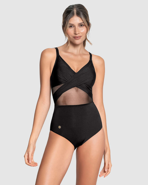 Traje de baño entero control suave de abdomen elaborado con nylon reciclado#color_700-negro