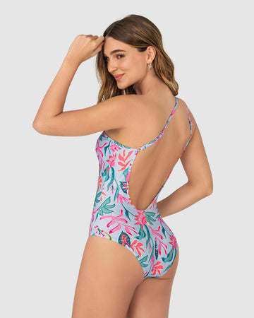 Traje de baño entero estampado de un solo hombro#color_485-estampado-flores