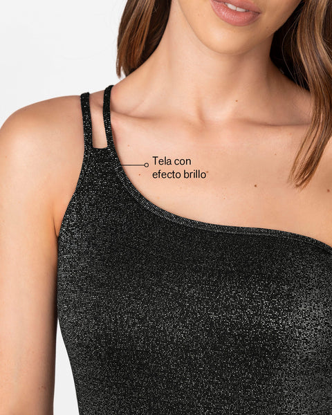 Traje de baño entero asimétrico en tela con brillo#color_701-negro