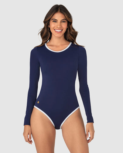 Traje de baño entero manga larga con espalda descubierta#color_509-azul-oscuro