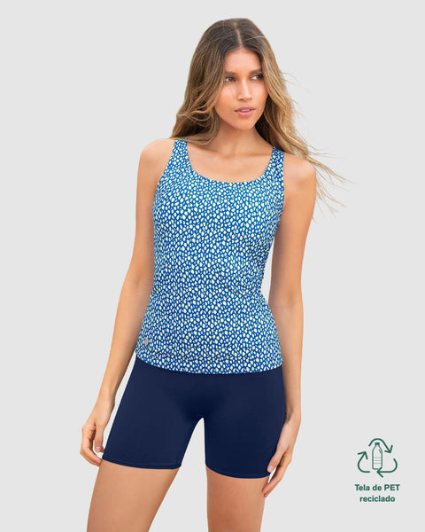 Traje de baño de dos piezas Camiseta y Short de control de abdomen#color_086-estampado-animal-print-azul