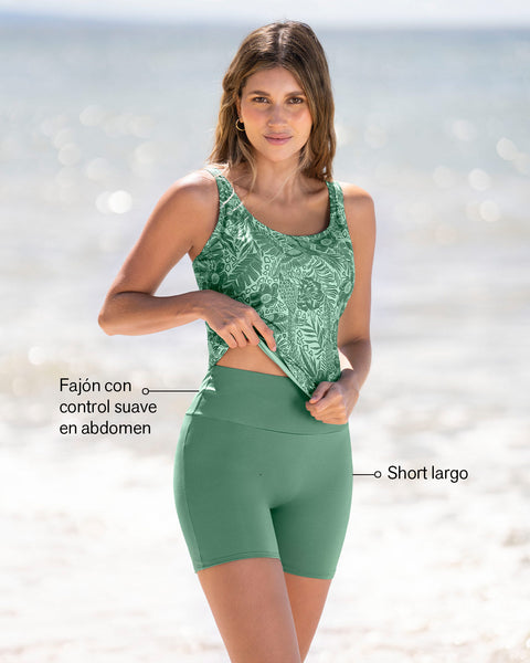 Traje de baño de dos piezas Camiseta y Short de control de abdomen#color_182-estampado-botanica