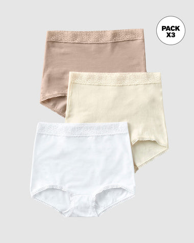 Paquete x 3 confortables panties clásicos de ajuste y cubrimiento total#color_984-blanco-cafe-claro-marfil