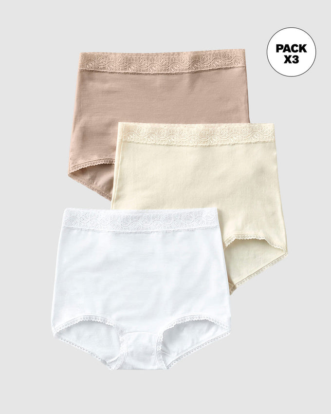 Paquete x 3 confortables panties clásicos de ajuste y cubrimiento total#color_984-blanco-cafe-claro-marfil