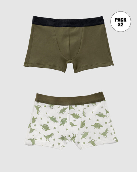 Bóxers cortos x2 niño#color_s09-verde-militar-marfil-estampado-dinosaurios