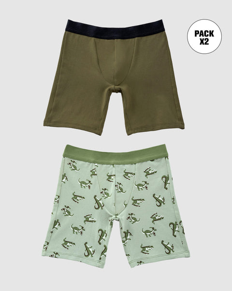 Paquete x2 bóxer largo para niño#color_s11-verde-militar-verde-estampado-dinosaurio