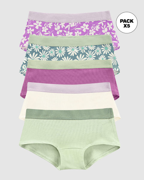Paquete x 5 panties tipo hipster para niña#color_s32-flores-morado-flor-lila-verde-marfil