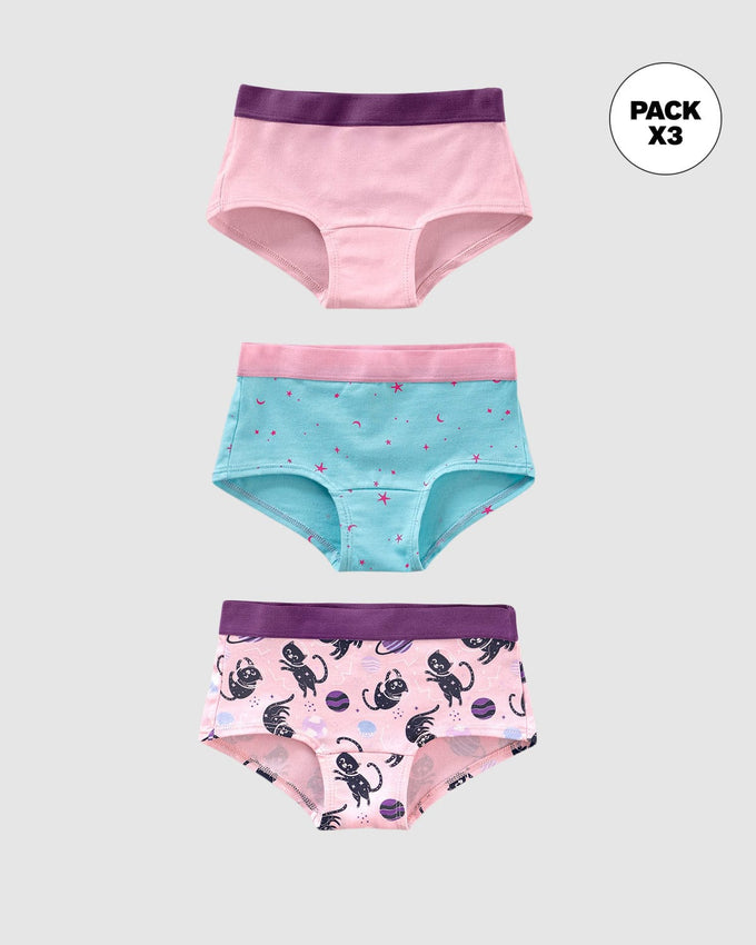 Paquete x 3 panties tipo hipster en algodón suave para niña#color_s43-rosado-gatos-azul