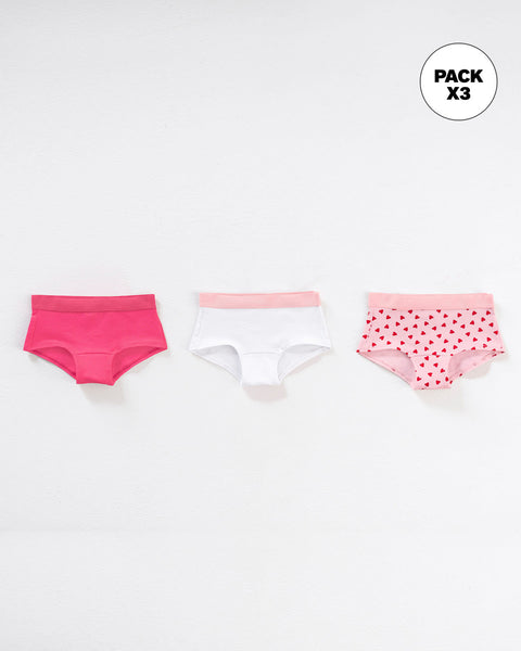 Paquete x 3 panties tipo hipster en algodón suave para niña#color_s45-fucsia-estampado-corazones-blanco