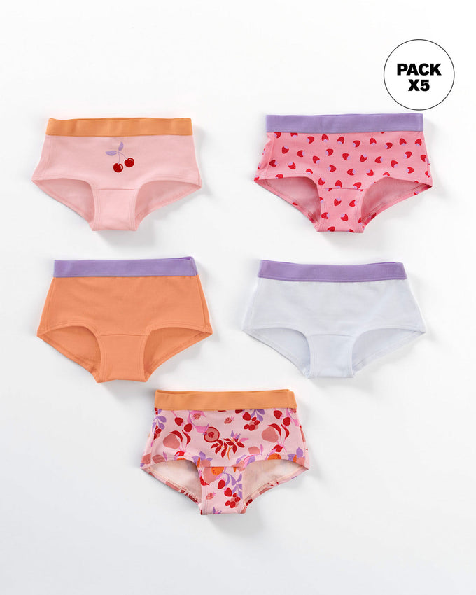 Paquete x 5 panties tipo hipster en algodón suave para niña#color_s23-blanco-naranja-frutas-fresas-rosado
