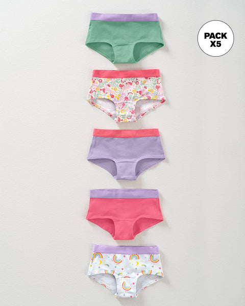 Paquete x 5 panties tipo hipster en algodón suave para niña#color_s24-lila-unicornio-arco-iris-verde-rosado