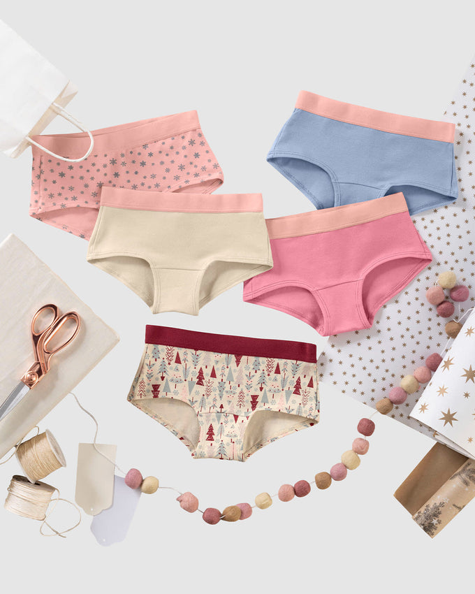 Paquete x 5 panties tipo hipster en algodón suave para niña#color_s25-estrella-arbol-blanco-rosado-azul