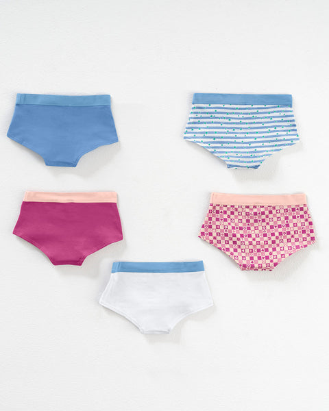 Paquete x 5 panties tipo hipster en algodón suave para niña#color_s26-cuadros-rayas-rosado-azul-blanco